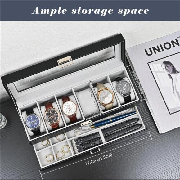 Watch Display Case 6 Slot Glass Lid Jewelry Drawer Black Leather Organizer - Picture 3 of 7